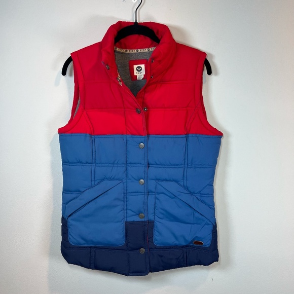 Roxy Women’s Quilted Puffer Vest Red Blue Colorblock 70s Retro Lined Cozy Medium - Picture 1 of 11